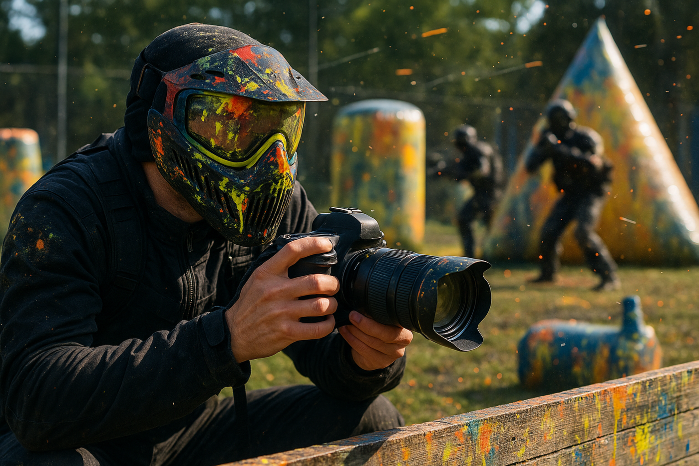 Photographe masqué capturant des souvenirs de paintball