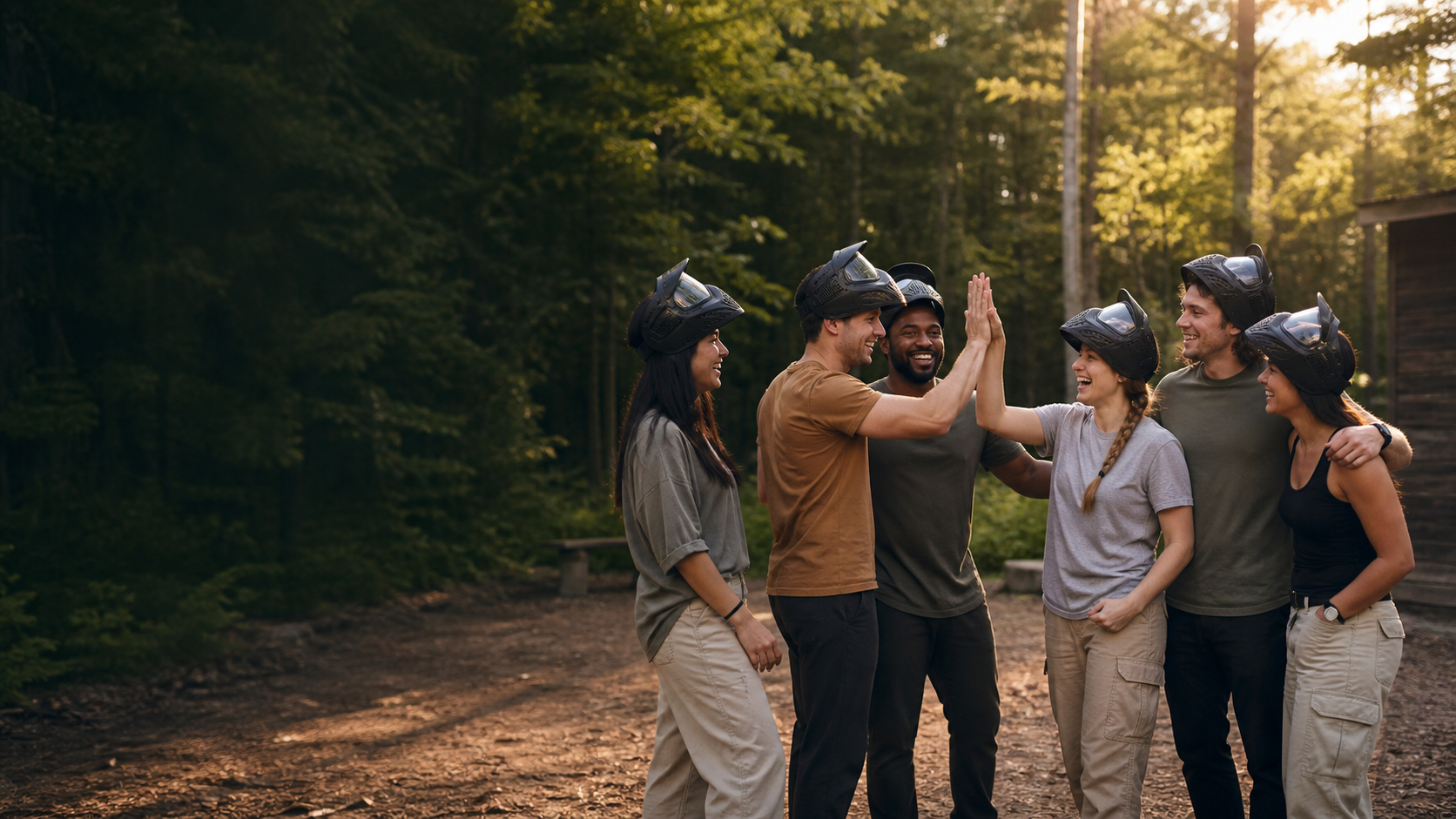 Friends sharing a positive team moment outdoors